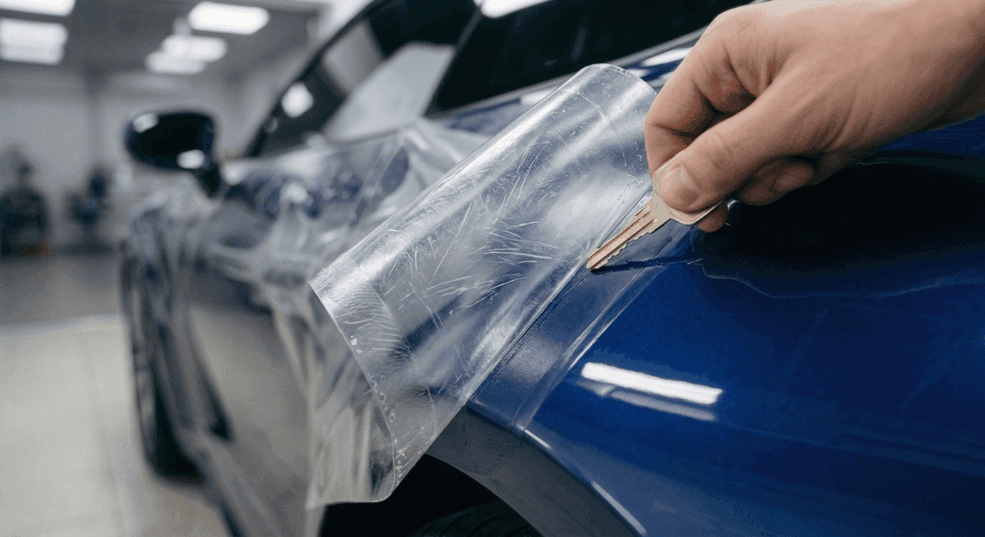 Llave deslizando sobre el film de protección transparente instalado en la aleta de un coche azul