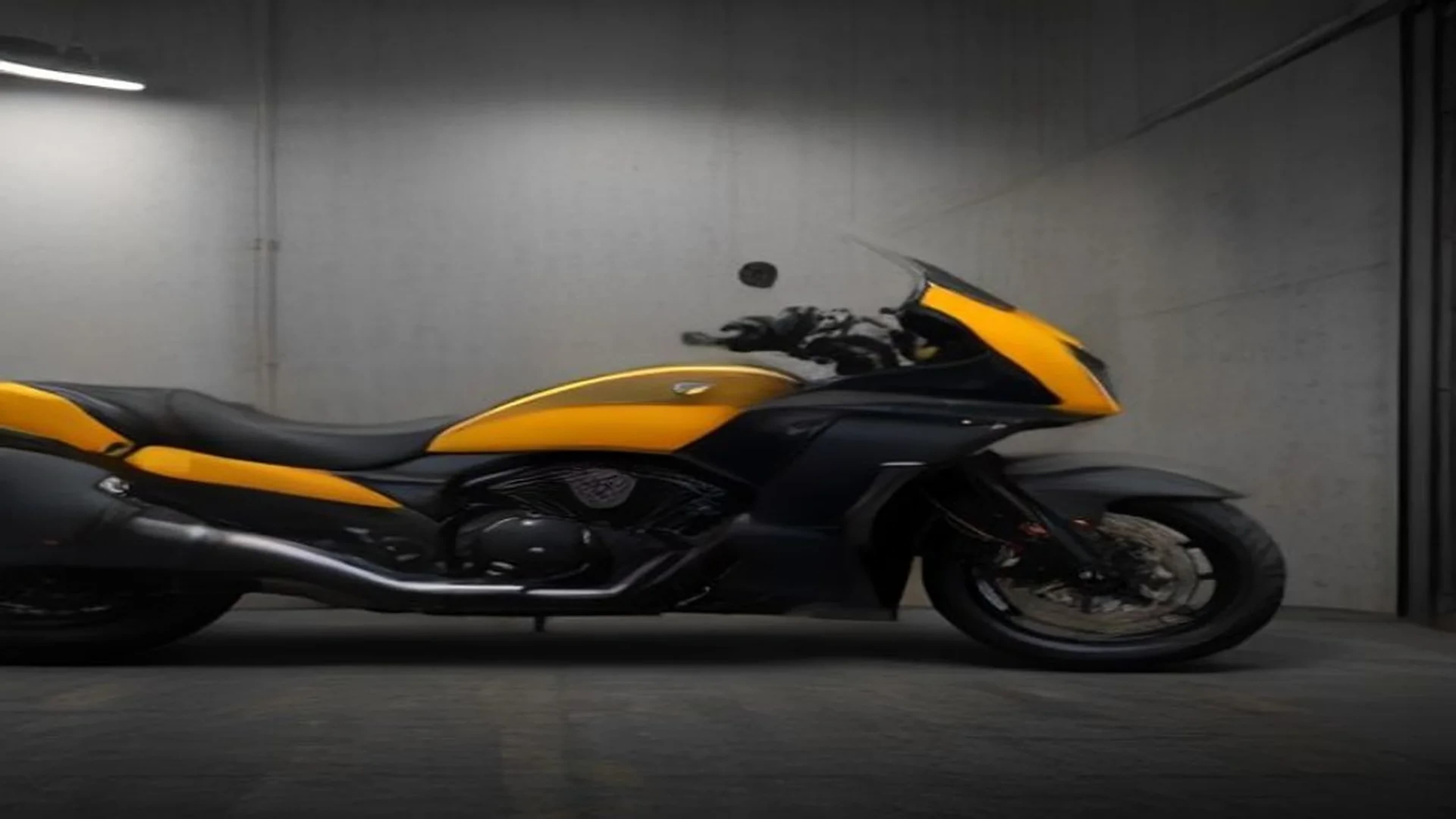Motorcycle with a black and yellow wrap covering the tank and fairing