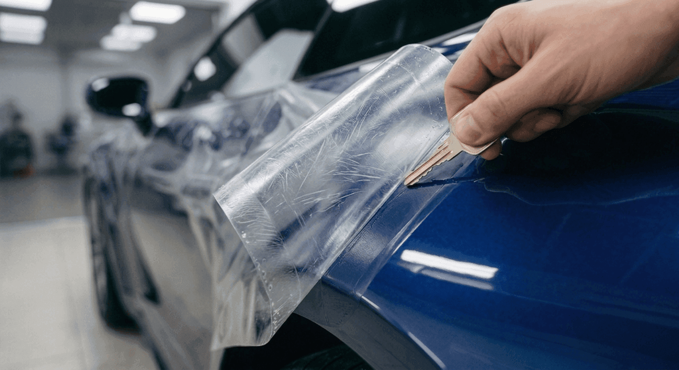 Clé glissant sur le film de protection transparent posé sur l’aile d’une voiture bleue